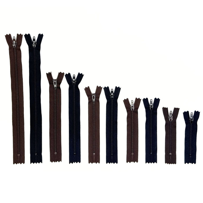24 Pack Nylon Zippers for Crafts - Black - Dark Brown - 9" - 6" - 5" - 4" - 3"