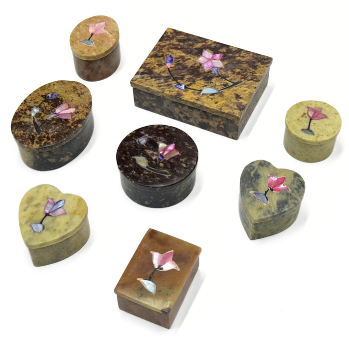 Handcrafted Stone Inlay Jewelry Boxes with Flower Design