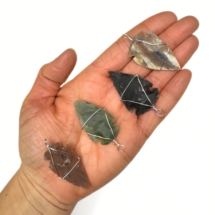 Agate Arrowhead Pendants Wrapped in Silver Plated Wire - Pack of 6