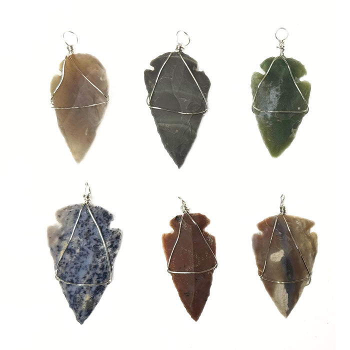 Agate Arrowhead Pendants Wrapped in Silver Plated Wire - Pack of 6