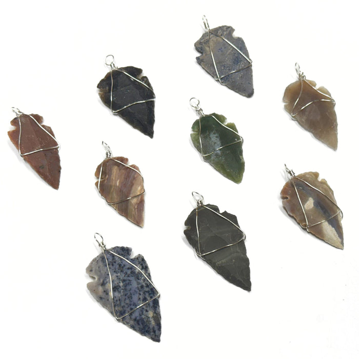 Agate Arrowhead Pendants Wrapped in Silver Plated Wire - Pack of 6
