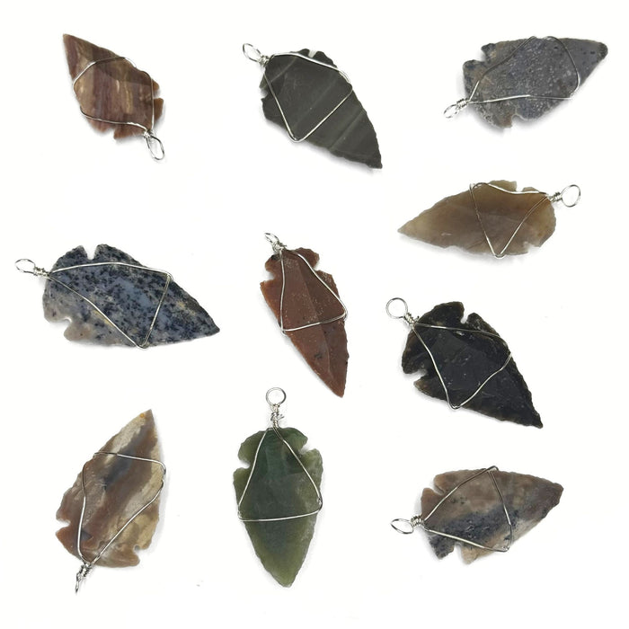 Agate Arrowhead Pendants Wrapped in Silver Plated Wire - Pack of 6