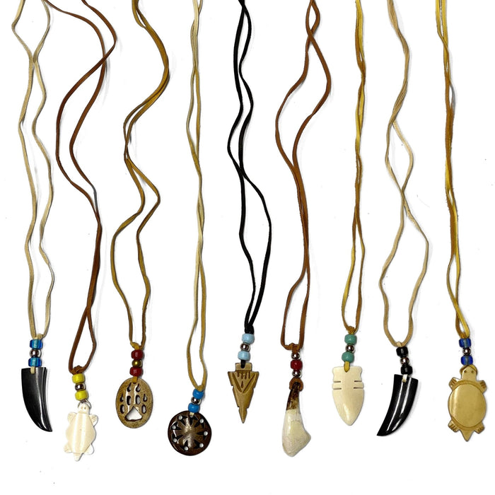 4 Pack of Authentic Hand Carved Bone & Horn Necklace Pendants with Deerskin Lace - Native American Jewelry