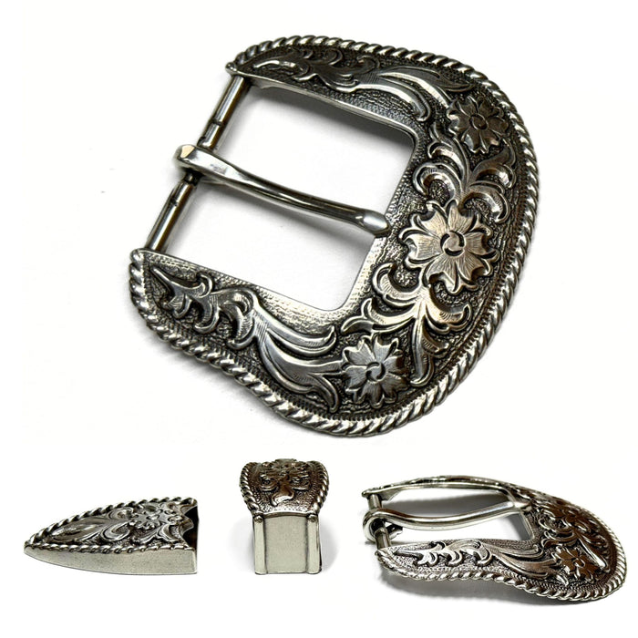 Three Piece Sterling Silver Plated Belt Buckle Set - Fits up to 1.5" Belts