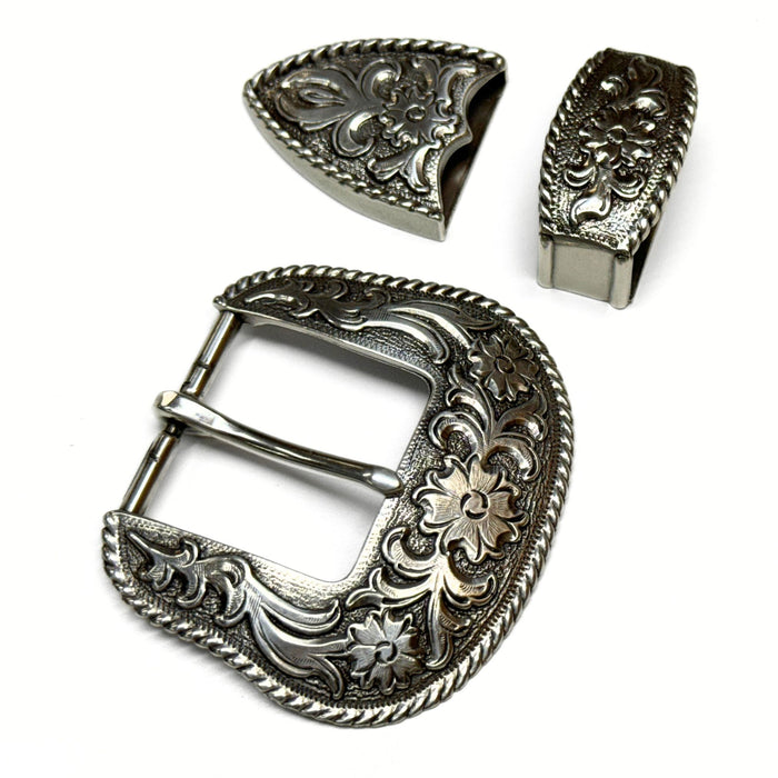 Three Piece Sterling Silver Plated Belt Buckle Set - Fits up to 1.5" Belts