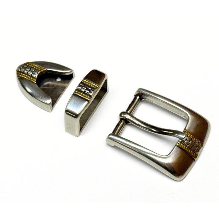 Three Piece Sterling Silver Plated Belt Buckle Set - Fits up to 1 1/8" Belts