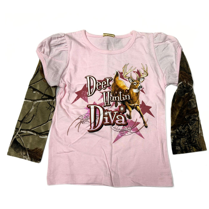 "Deer Huntin' Diva" Little Hunter Girls Pink & Camo Long Sleeve T-shirt - Youth L - Youth S -Youth XS