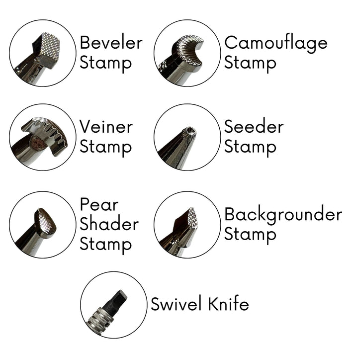 Basic Leather Craft Tooling Set - Set of 6 Carving Tools, 1 Swivel Knife, and Instructional Guide