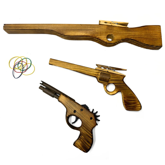Handmade Natural Wooden Gun - Rubber Band Shooter - Classic Vintage Wooden Toy for Kids - Shooting Game for Children
