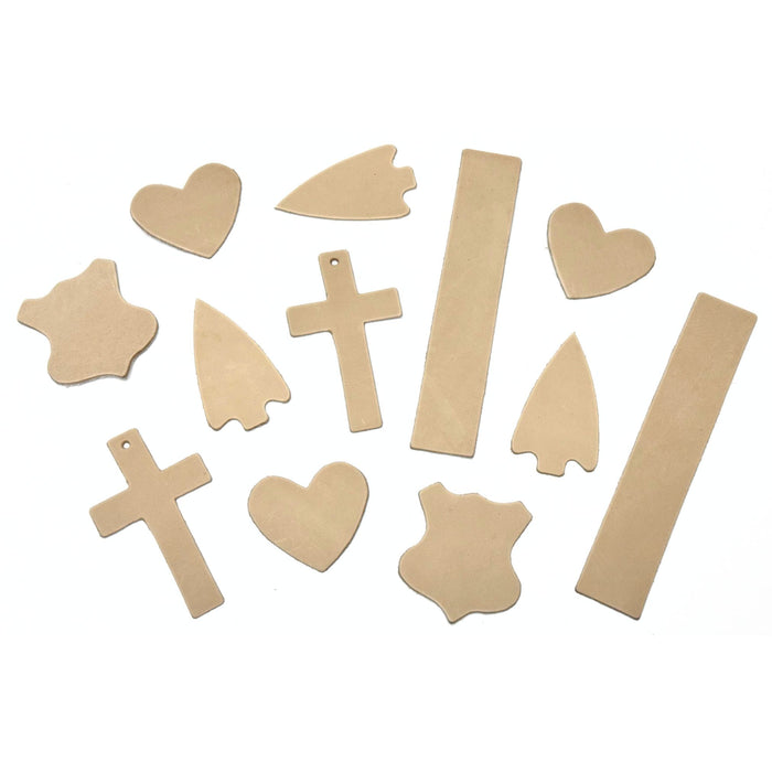 Oak Leather Tooling Shapes for Crafts - Arrowhead - Badge - Cross - Heart - Rectangle - 12 Pack