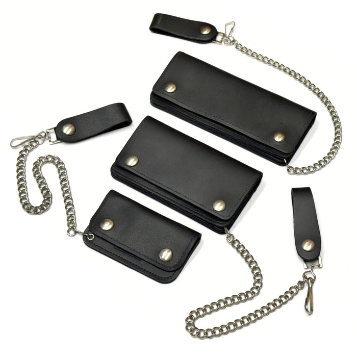 Black Leather Trucker Wallet With Chain - Biker Snap Wallet - Regular - Small - Mini