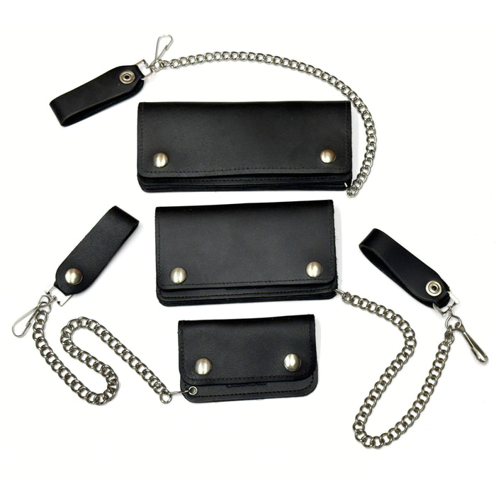 Black Leather Trucker Wallet With Chain - Biker Snap Wallet - Regular - Small - Mini
