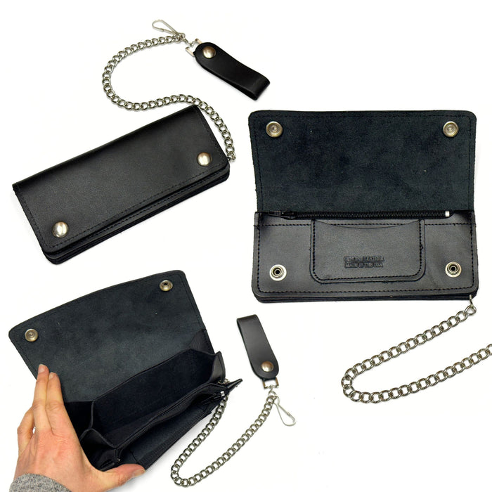 Black Leather Trucker Wallet With Chain - Biker Snap Wallet - Regular - Small - Mini