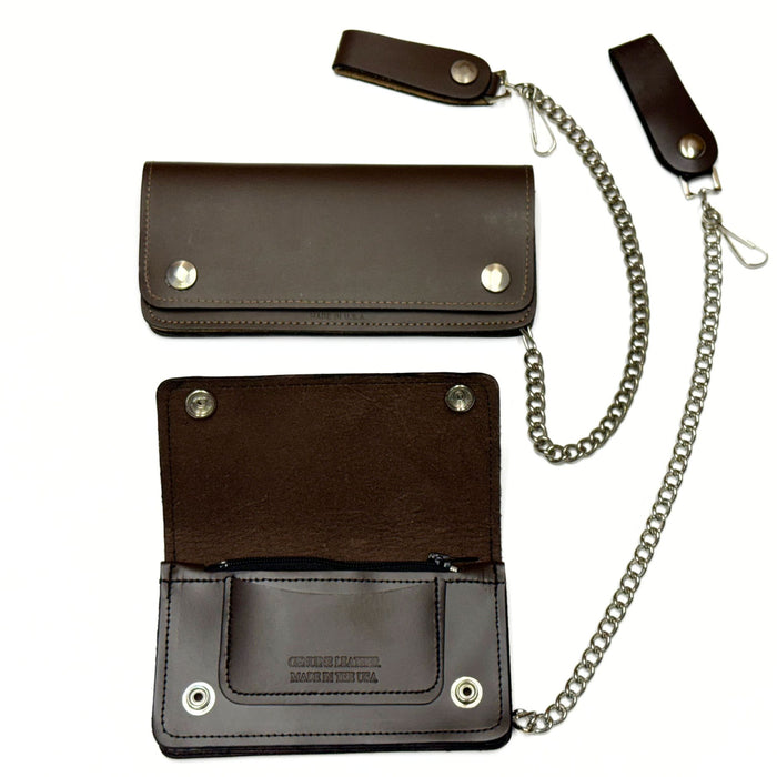 Brown Leather Trucker Wallet with Zipper and Snap Closure
