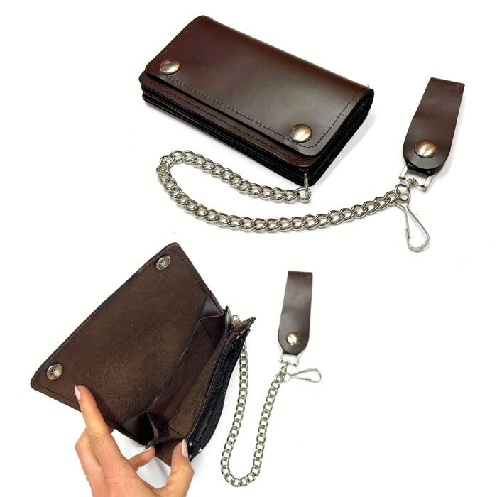 Brown Leather Trucker Wallet with Zipper and Snap Closure