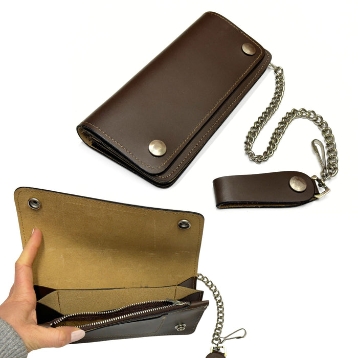 Brown Leather Trucker Wallet with Zipper and Snap Closure