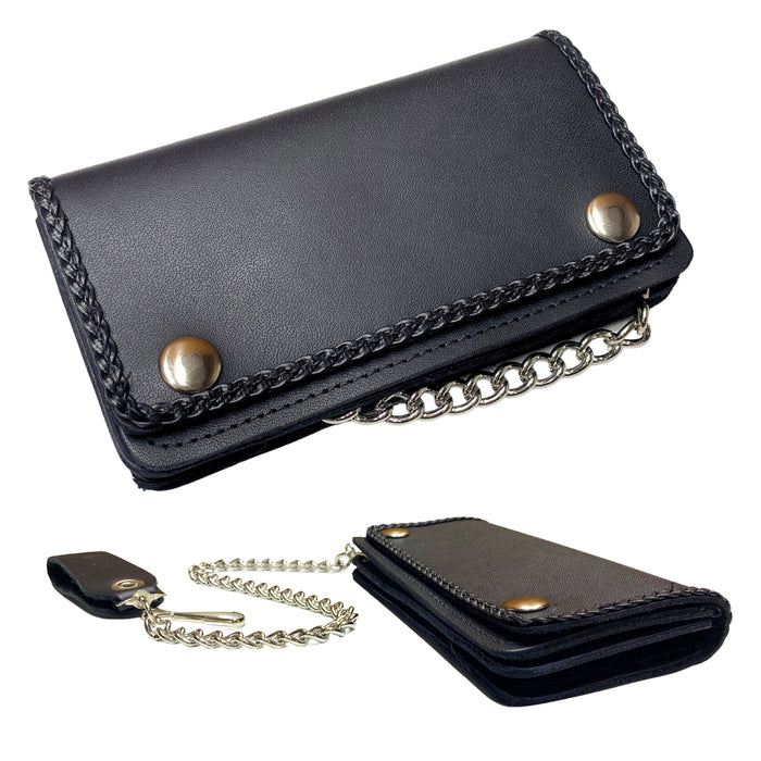 Braided Black Leather Trucker Wallet with Chain - Snap Biker Wallet