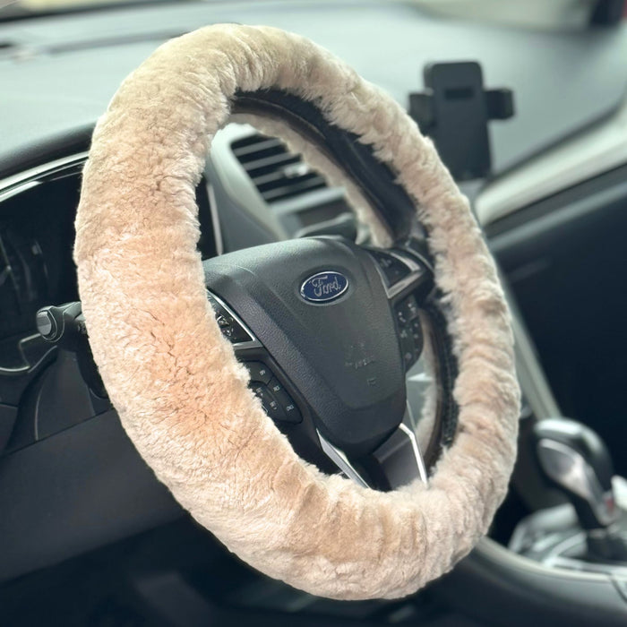 Sheepskin Steering Wheel Cover with Elastic Fitting - Car Accessory in Gray or Beige