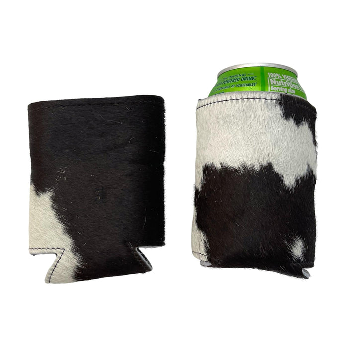 Hair-On Cowhide Can Koozies - Leather Beverage Holder - Black & White, Brown & White, Tricolor