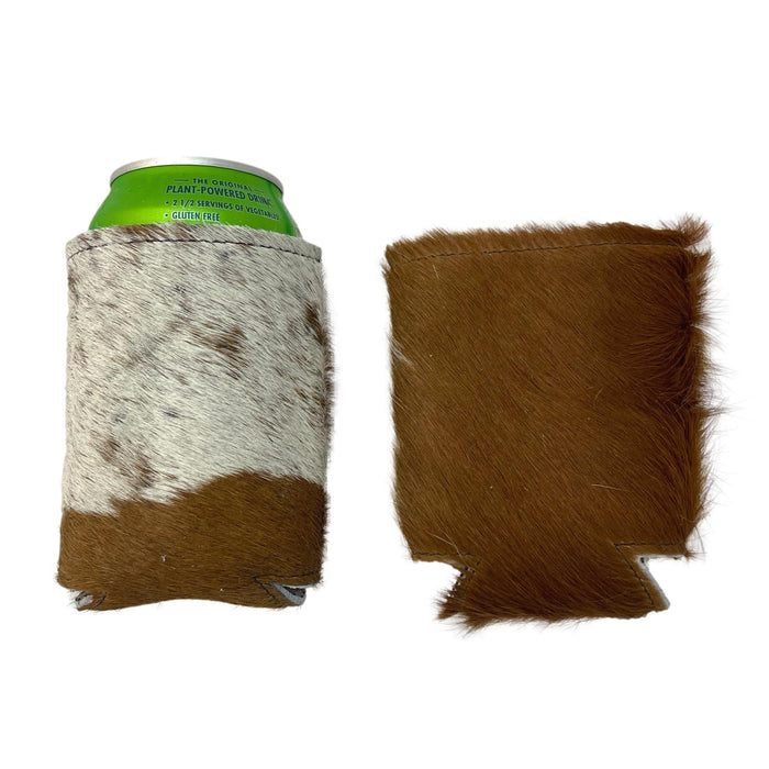 Hair-On Cowhide Can Koozies - Leather Beverage Holder - Black & White, Brown & White, Tricolor Can Sleeves