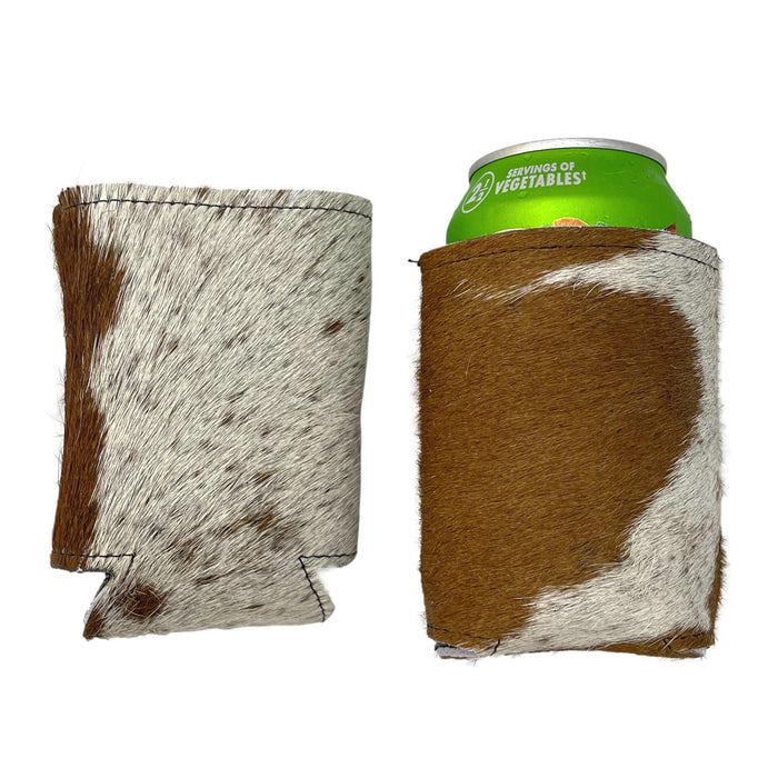 Hair-On Cowhide Can Koozies - Leather Beverage Holder - Black & White, Brown & White, Tricolor