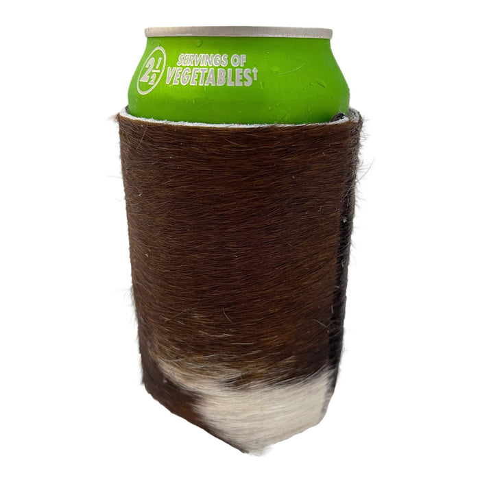 Hair-On Cowhide Can Koozies - Leather Beverage Holder - Black & White, Brown & White, Tricolor