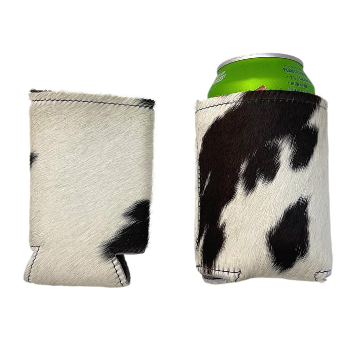 Hair-On Cowhide Can Koozies - Leather Beverage Holder - Black & White, Brown & White, Tricolor