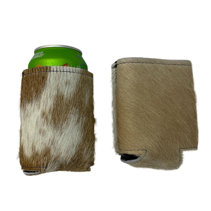 Hair-On Cowhide Can Koozies - Leather Beverage Holder - Black & White, Brown & White, Tricolor