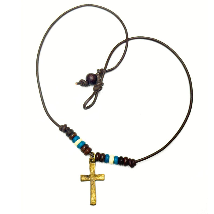 6 Pack Leather Necklaces with Bone Beads and Cross Pendant