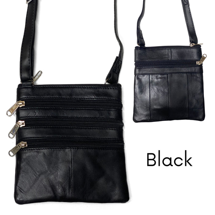 Leather Cross Body Bag Four Zipper Small Travel Purse - Black - Brown - Wine - Tan