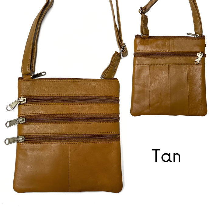 Leather Cross Body Bag Four Zipper Small Travel Purse - Black - Brown - Wine - Tan