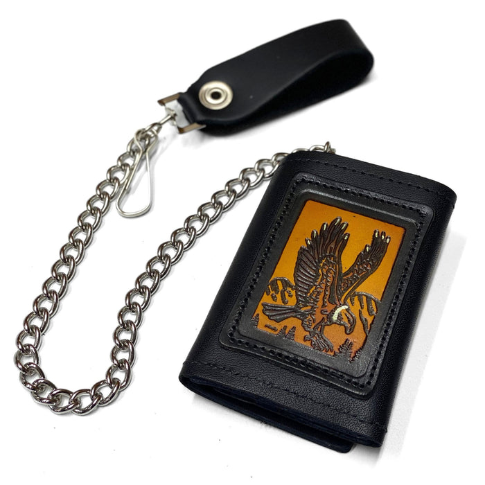 Embossed Black Leather Trifold Men's Wallet with Chain - Eagle - Deer - Skull