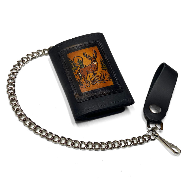 Embossed Black Leather Trifold Men's Wallet with Chain - Eagle - Deer - Skull