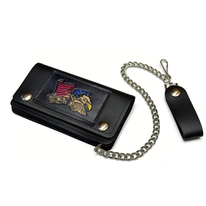 Small Embossed Leather Trucker Wallets with Chain - Deer - Eagle & Bike - Skull