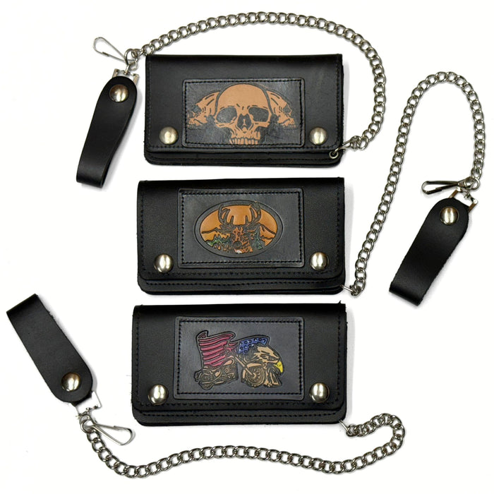 Small Embossed Leather Trucker Wallets with Chain - Deer - Eagle & Bike - Skull