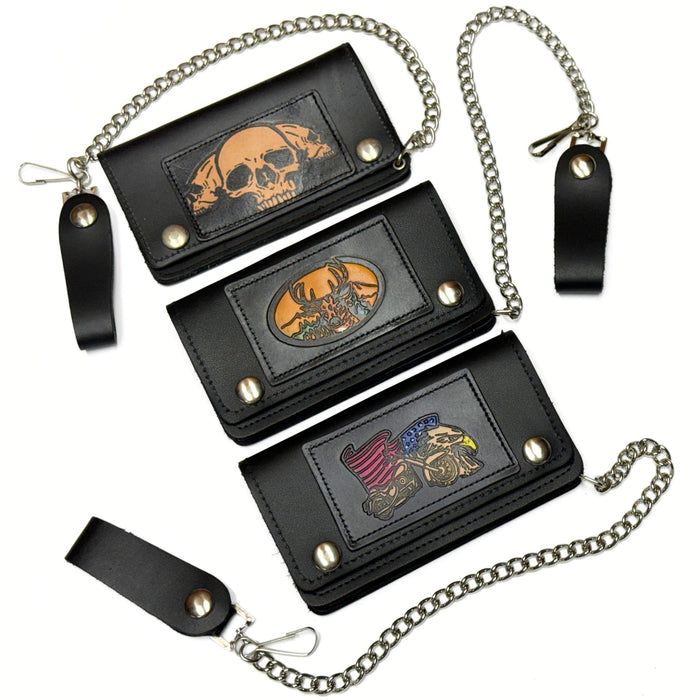 Small Embossed Leather Trucker Wallets with Chain - Deer - Eagle & Bike - Skull