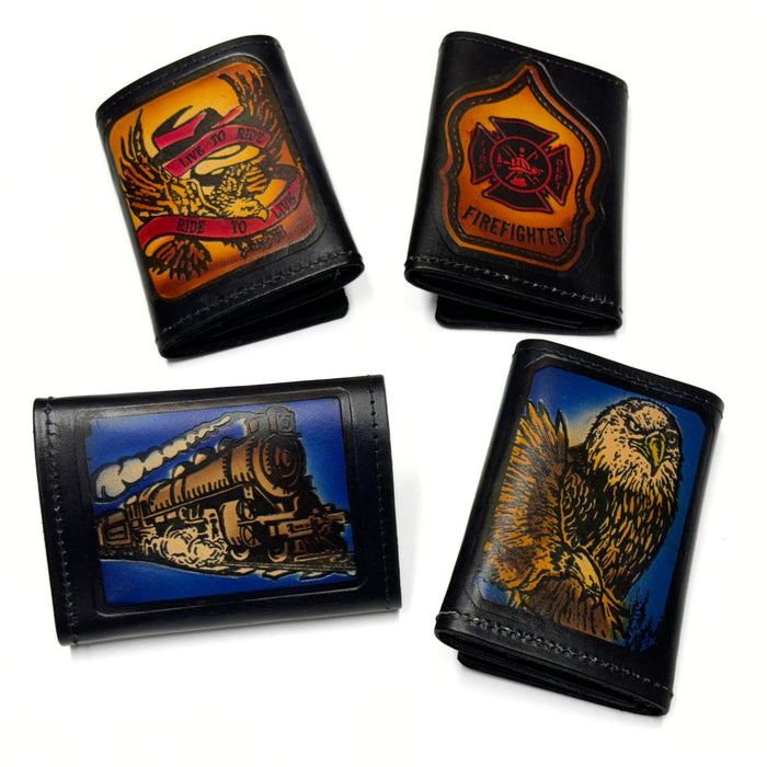 Trifold Embossed Leather Wallet - Train - Eagle - Firefighter - Live to Ride