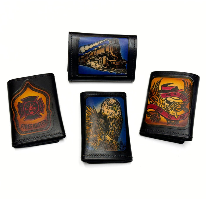 Trifold Embossed Leather Wallet - Train - Eagle - Firefighter - Live to Ride