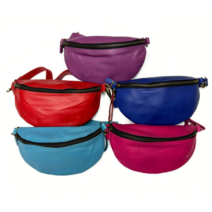 Leather Waist Pouch with Adjustable Leather Strap - Colorful Fanny Pack or Crossbody Bag - Turquoise, Blue, Pink, Purple, or Red