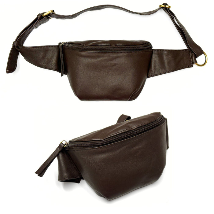Cowhide Leather Fanny Pack - Black, Brown, or Tan Waist Pouch for Travel