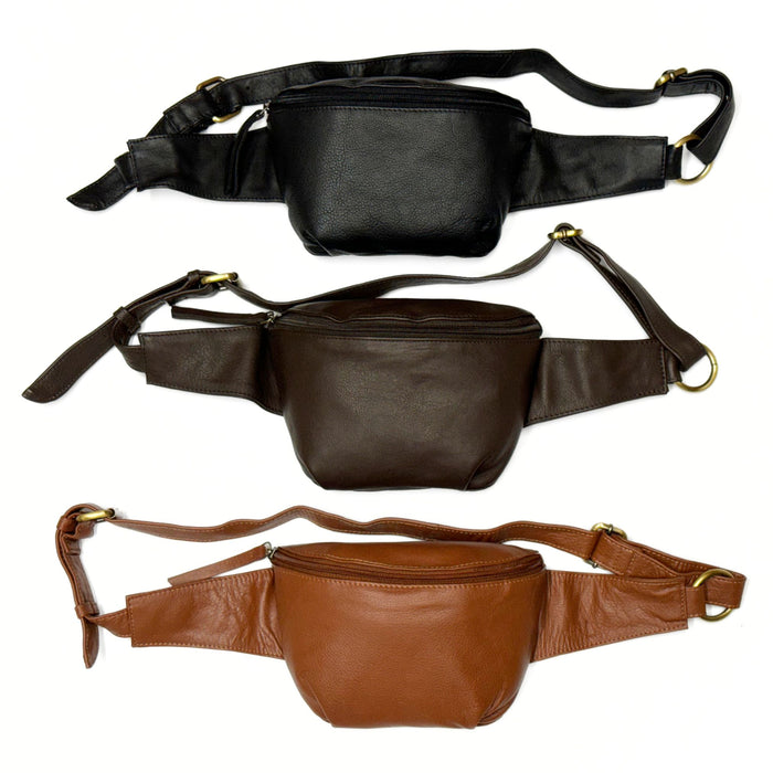 Cowhide Leather Fanny Pack - Black, Brown, or Tan Waist Pouch for Travel