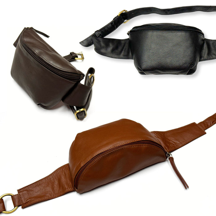Cowhide Leather Fanny Pack - Black, Brown, or Tan Waist Pouch for Travel