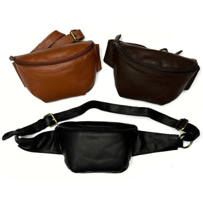 Cowhide Leather Fanny Pack - Black, Brown, or Tan Waist Pouch for Travel