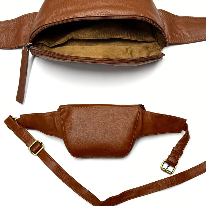 Cowhide Leather Fanny Pack - Black, Brown, or Tan Waist Pouch for Travel