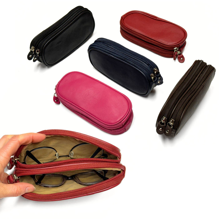 Cowhide Leather Double Glasses Case with Lens-Safe Lining