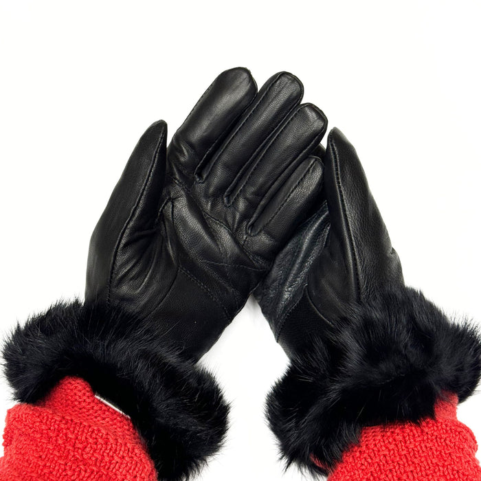 Ladies Sleek Sheep Leather Gloves with Rabbit Fur on Wrist - Black