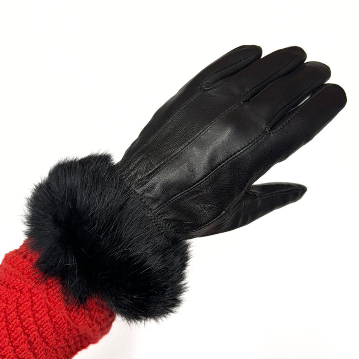 Ladies Sleek Sheep Leather Gloves with Rabbit Fur on Wrist - Black