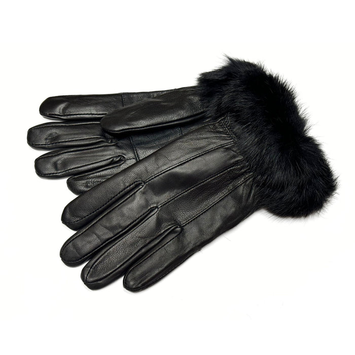 Ladies Sleek Sheep Leather Gloves with Rabbit Fur on Wrist - Black