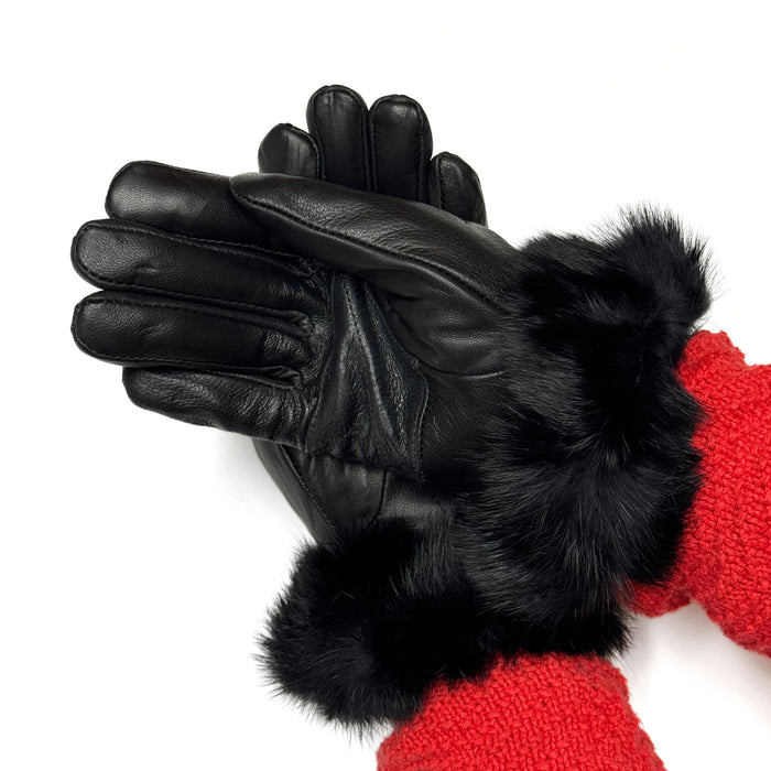 Ladies Sleek Sheep Leather Gloves with Rabbit Fur on Wrist - Black