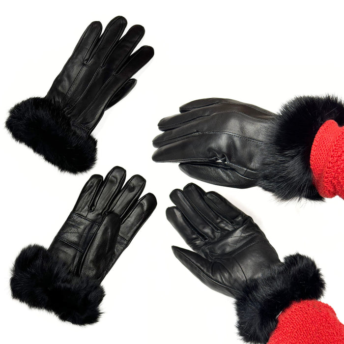 Ladies Sleek Sheep Leather Gloves with Rabbit Fur on Wrist - Black